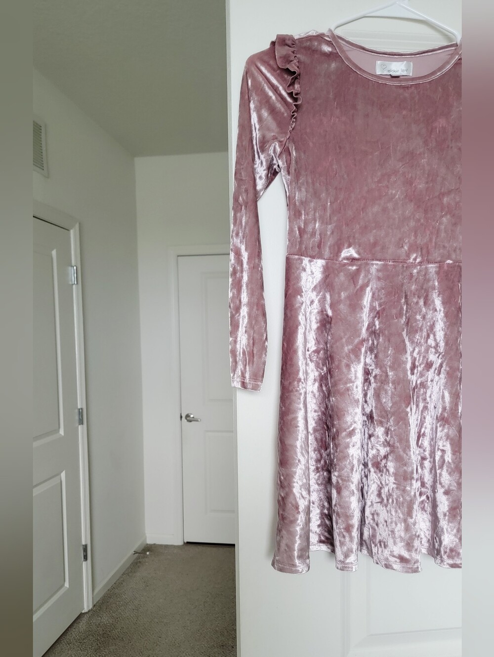 Crushed Velvet Long Sleeve Skater Dress - Dusty Rose